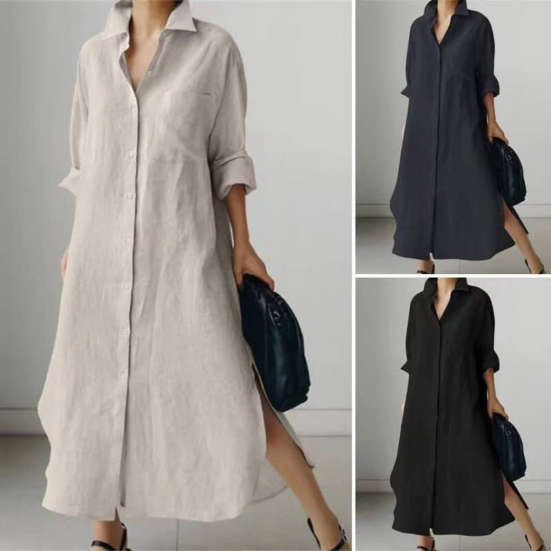 Women's Slit Shirt Dress Solid Color Long - sleeved Cardigan Irregular Long Dress - DBMP (Electronics And More Store)
