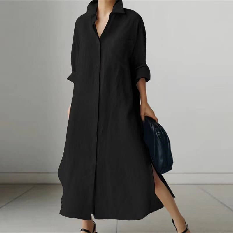 Women's Slit Shirt Dress Solid Color Long - sleeved Cardigan Irregular Long Dress - DBMP (Electronics And More Store)