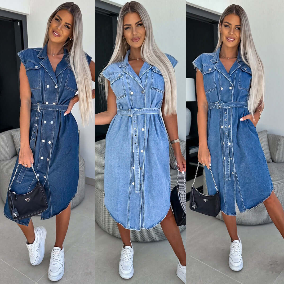 Casual polo collar sleeveless denim dress in light blue and dark blue, showcasing A-line skirt and waist-controlled design.