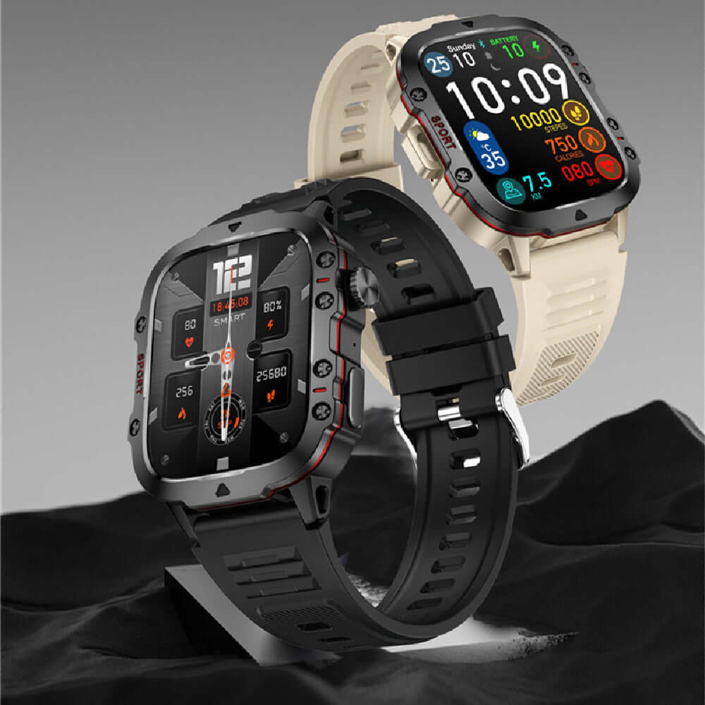 New QX11 Smart Bluetooth Watch in black and khaki, showcasing TFT screen and features like heart rate monitoring and step counting.