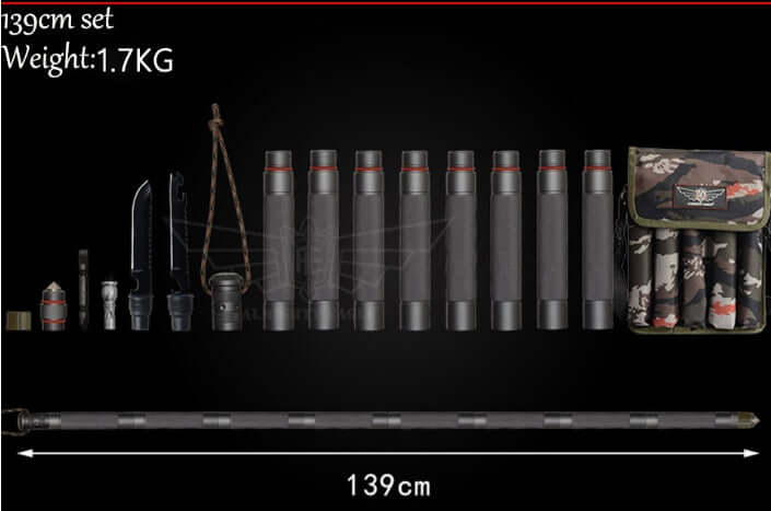 Outdoor Defense Tactical Stick set including 139cm walking stick and accessories, lightweight and foldable for camping.