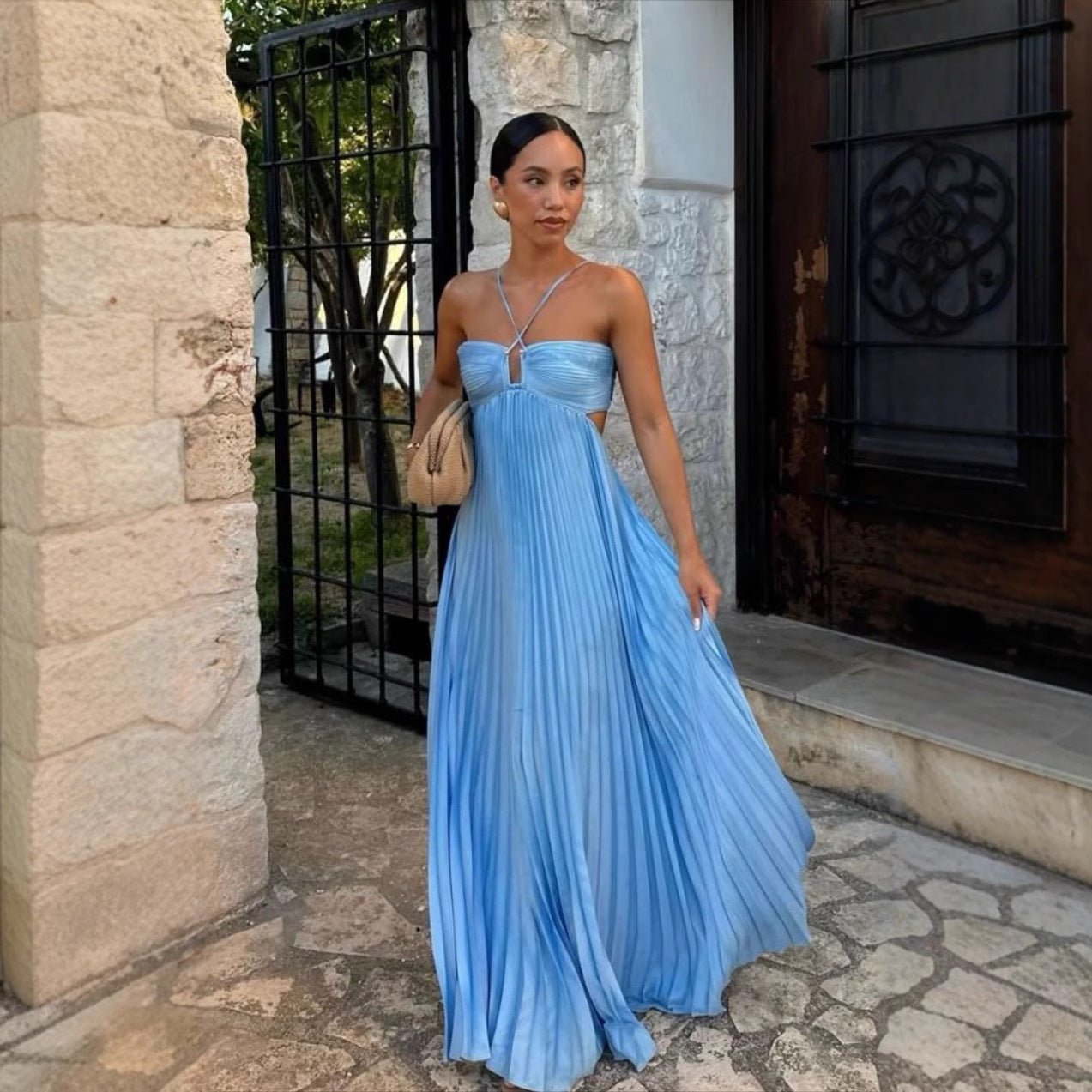 Ins Pleated Sleeveless Sling Dress Hollow High Waist Halter Robe Dresses For Evening Party Club Clothing Women - DBMP (Electronics And More Store)