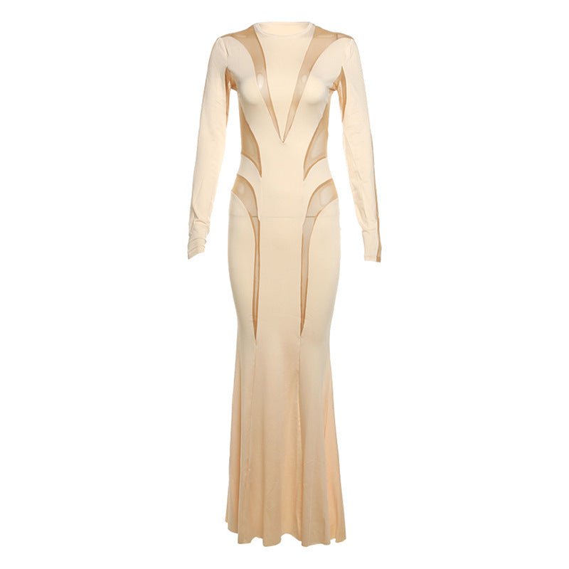 Mesh Stitching Solid Color Elegant Slim Slimming Dress - DBMP Shop
