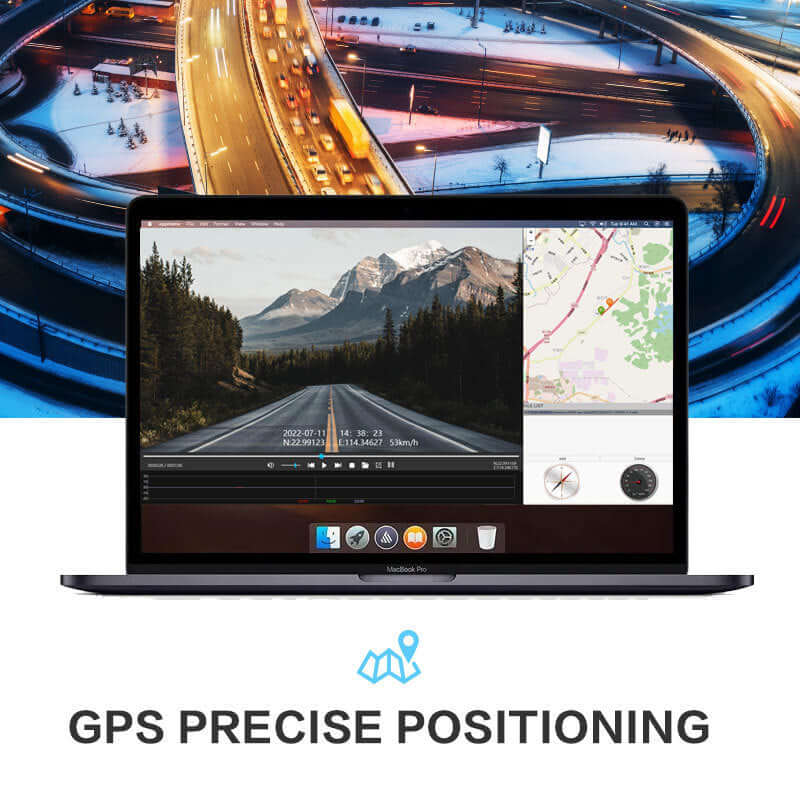 Laptop screen displaying GPS precise positioning with map and road footage for driving recorder functionality.