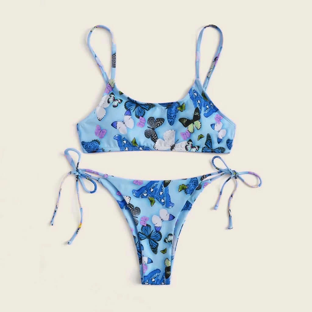 Summer butterfly print bikini set in blue, stylish and comfortable swimwear for beach fashion.