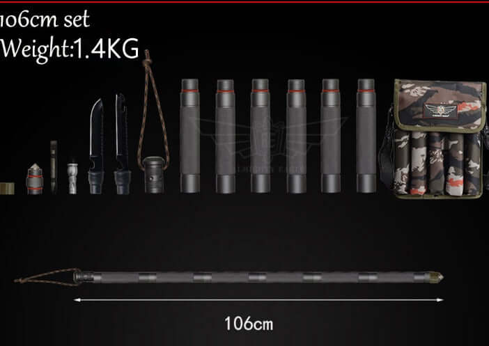 Outdoor tactical stick set with various tools, 106cm long, 1.4KG weight, versatile camping and hiking equipment.
