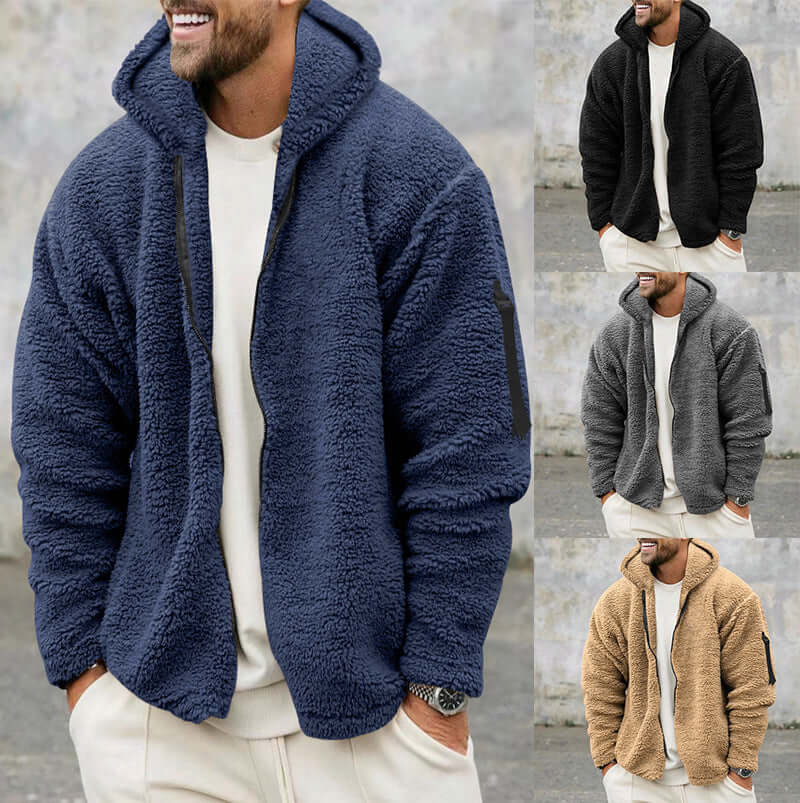 Men's plush hooded jacket in multiple colors, fleece double-sided, warm and casual for autumn and winter.