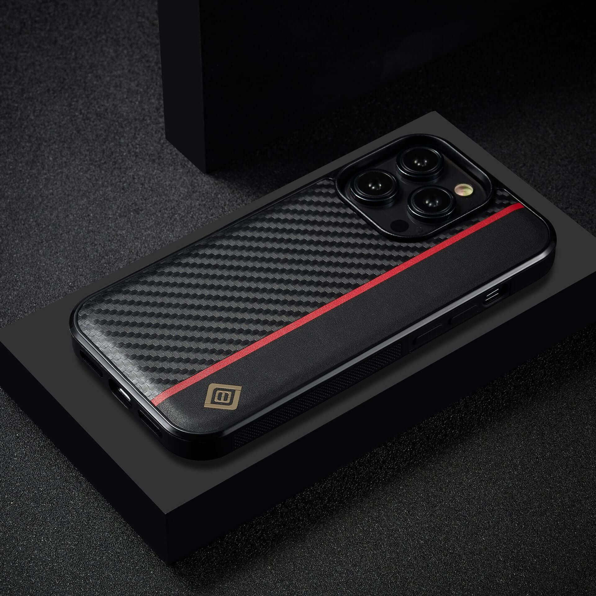 Simple carbon fiber phone shell for iPhone with a black and red design, offering anti-fall protection and a business style.