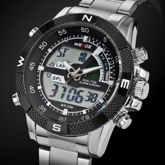 WEIDE men's luxury sports watch featuring dual time, LED display, and stainless steel strap. Ideal for military and outdoor use.
