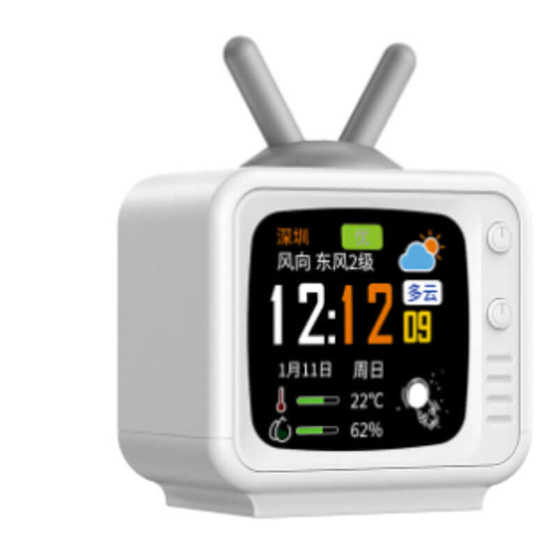 Retro TV-shaped digital clock displaying time, temperature, and weather information in a compact design.