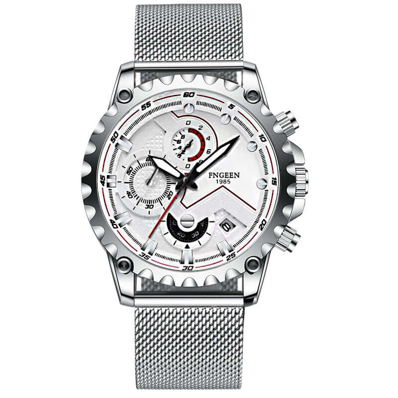 Stylish automatic electronic watch with silver mesh strap and large round dial, featuring quartz movement and intricate details.