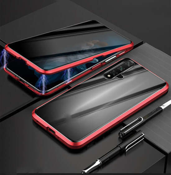 Phone case with anti-peep magnetic protective shell in red and black colors, showcasing stylish flip design and tempered glass.