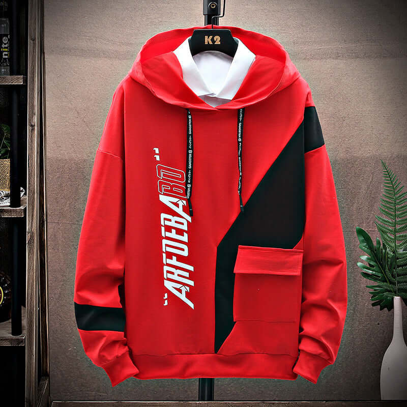 Men's loose-fitting red hooded sweater with stylish patterns, ideal for casual spring and autumn wear.