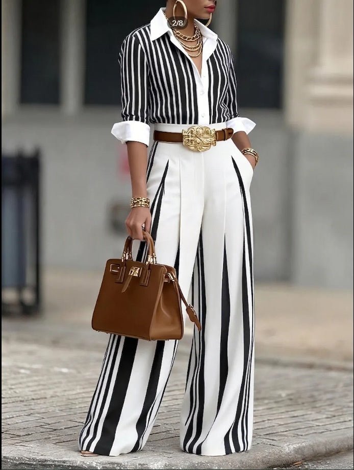 Striped Shirt And Vertical - striped Wide - leg Pants Set - DBMP Shop