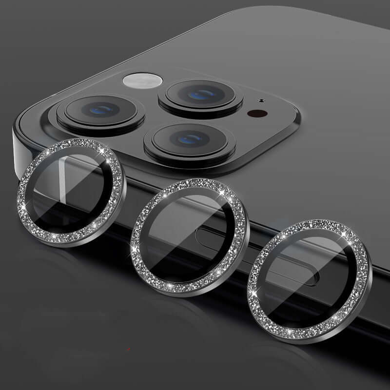 Integrated Steel Ring mobile phone lens films in diamond silver, blue, and gold designs.