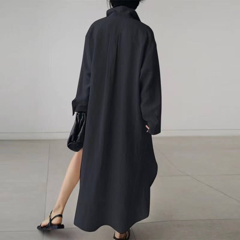 Women's Slit Shirt Dress Solid Color Long - sleeved Cardigan Irregular Long Dress - DBMP (Electronics And More Store)