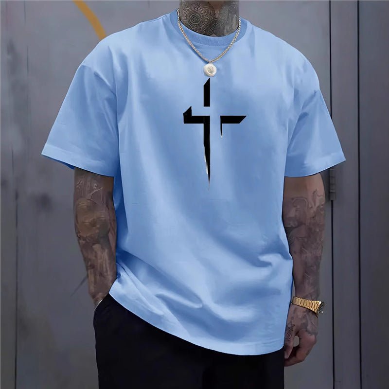 Street-style Mens Casual Loose-fit Cross-print Creative Sports Short-sleeve Top - DBMP Shop