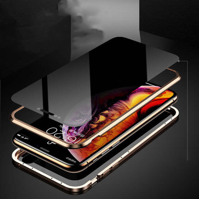 Magnetic anti-peep phone case with tempered glass, showcasing flip style and creative design compatible with iPhone.