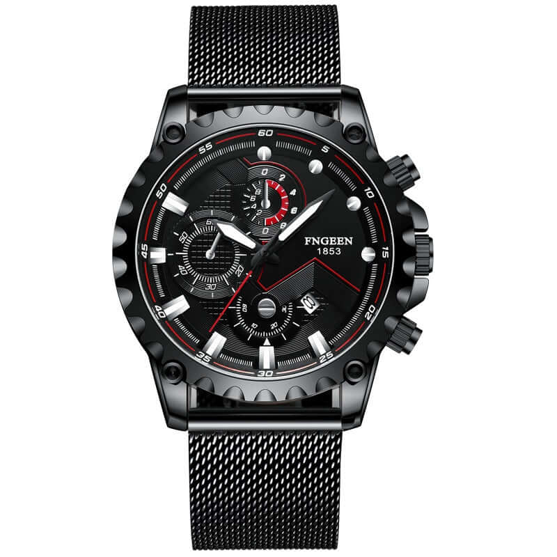 Automatic electronic watch with large black dial, quartz movement, and black stainless steel mesh strap.