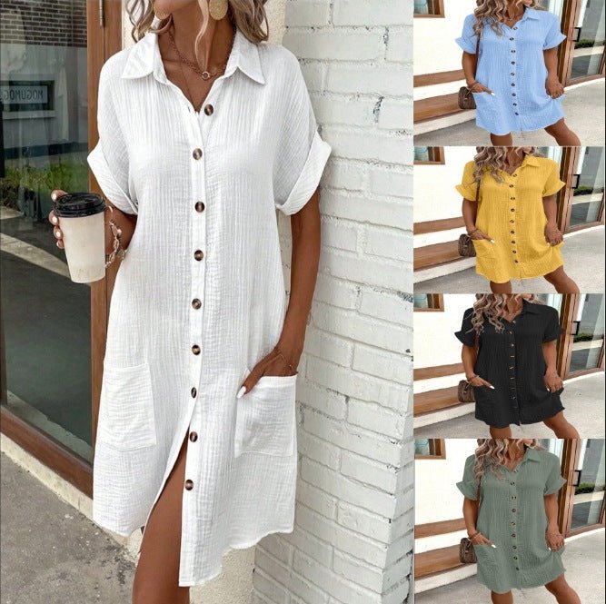Summer Short Sleeve Shirt Dress Fashion Solid Color Single - breasted Mid - length Loose Dress - DBMP (Electronics And More Store)