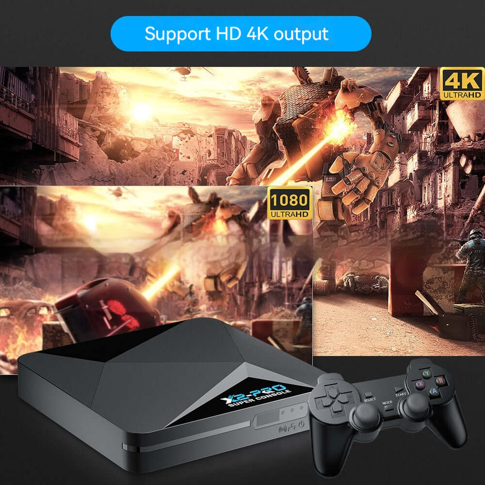 Home video game set-top box with HD 4K support, featuring wireless controller and gaming visuals on screen.