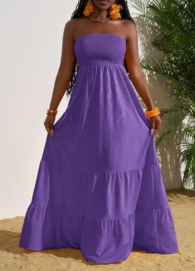 Vibrant Strapless Pleated Multi - layered Full Skirt Dress, Women's Sleeveless Long Resort Style Dress - DBMP (Electronics And More Store)