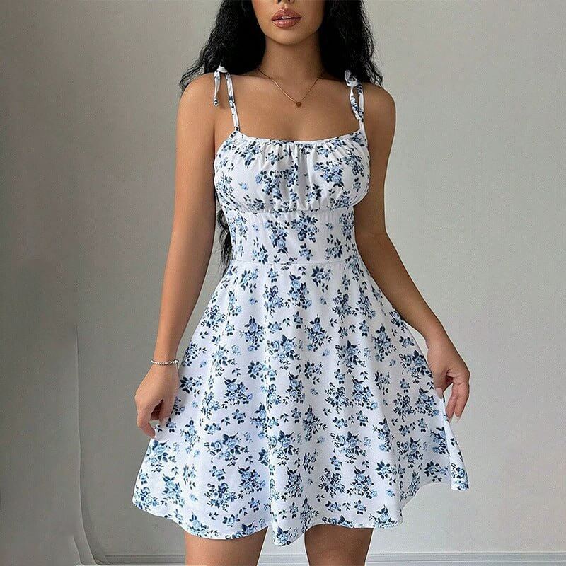 Floral Print Dress Summer Sweet A - Line Waist Trimming Dresses Women's Slimming Casual Clothing - DBMP (Electronics And More Store)
