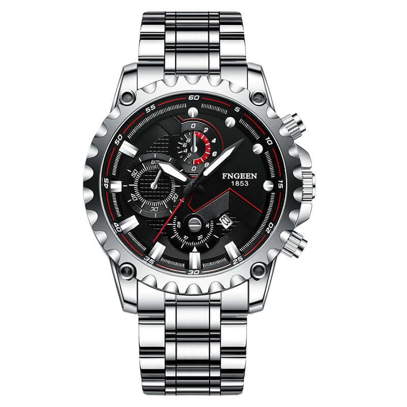 Stylish automatic electronic watch with a large black dial, stainless steel strap, and quartz movement.