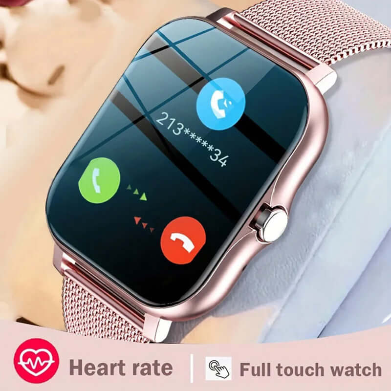 Smart watch with full touch 1.44-inch screen showing call interface and heart rate function in rose gold finish.