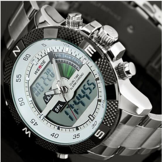 WEIDE men's luxury sports watch featuring quartz LED clock and military design, ideal for style and functionality.