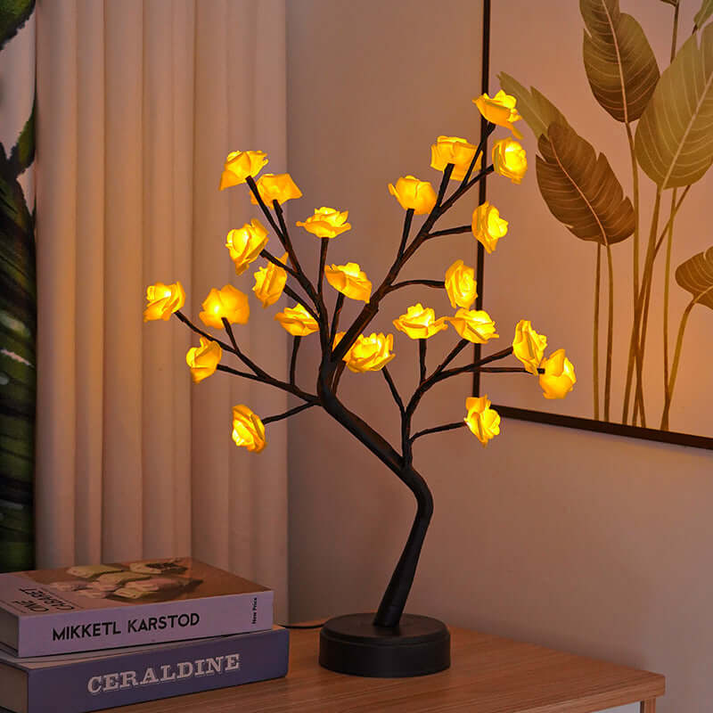 USB-operated flower tree table lamp with glowing yellow rose lights, perfect for romantic home decor.