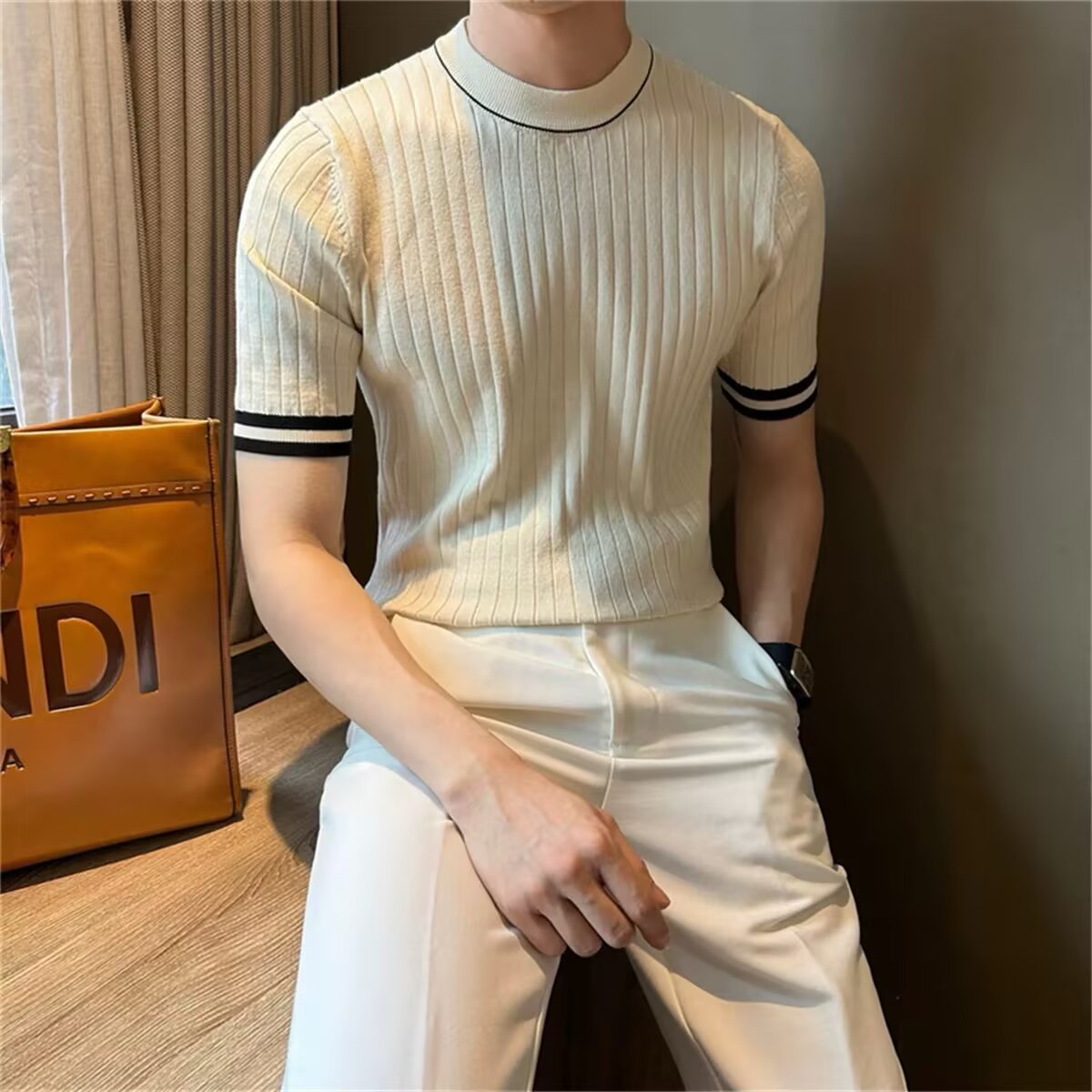 Men's Short-Sleeve Ice Silk Knit Shirt Crew-Neck Slim-Fit Sweater - DBMP Shop