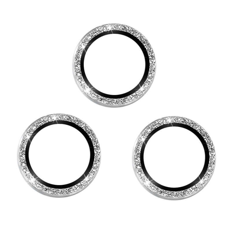 Set of three integrated steel rings for mobile phones, featuring sparkling silver rhinestones for stylish lens protection.