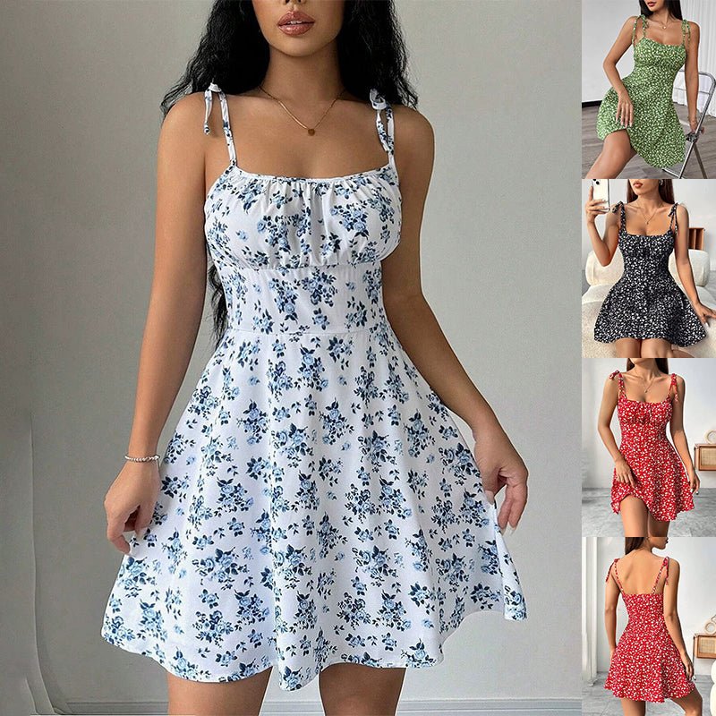 Floral Print Dress Summer Sweet A - Line Waist Trimming Dresses Women's Slimming Casual Clothing - DBMP (Electronics And More Store)