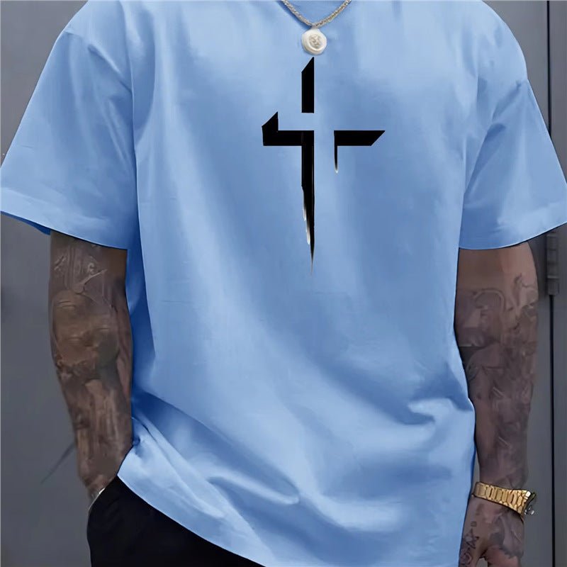 Street-style Mens Casual Loose-fit Cross-print Creative Sports Short-sleeve Top - DBMP Shop