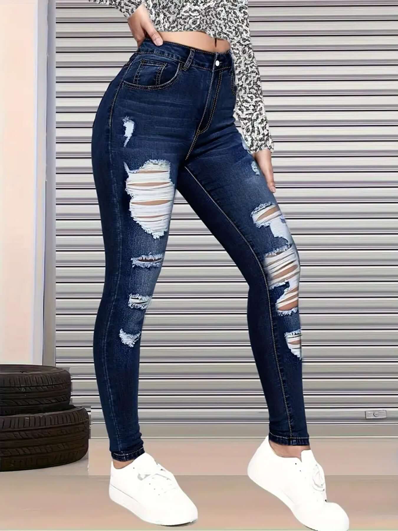 New High Waisted, Hip Lifted, Tight Fitting Women's Jeans With A Ripped Nine Quarter Cut, Suitable For Minimalist Fashion In Summer - DBMP (Electronics And More Store)
