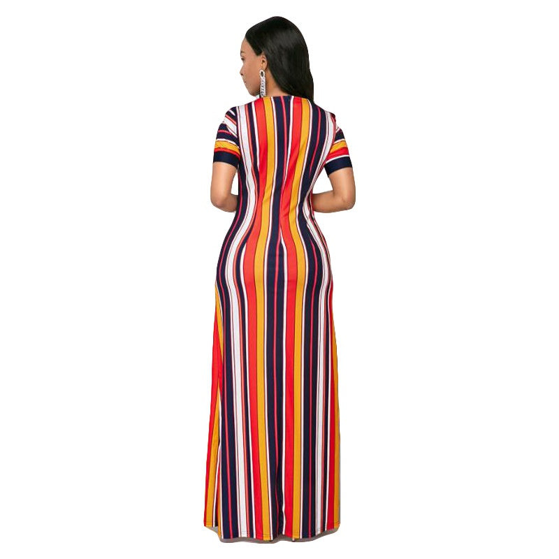 Women's Striped Small V Mid Waist Dress