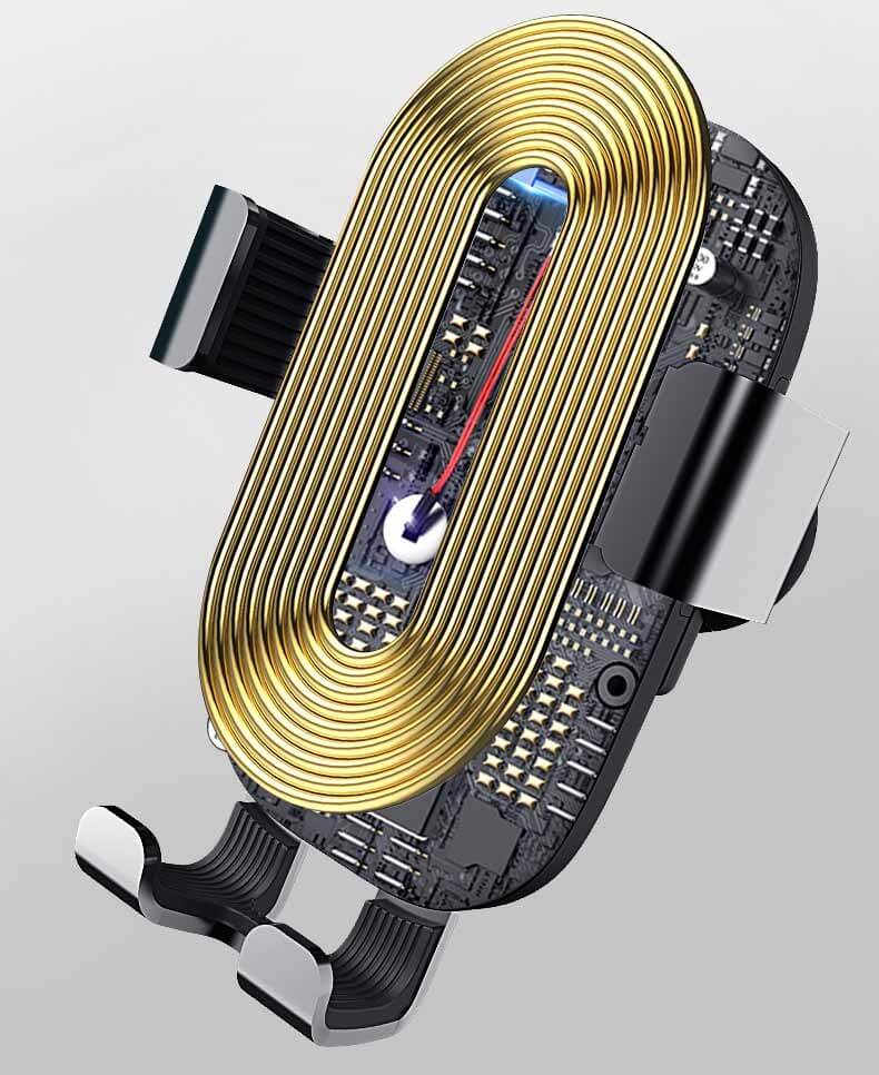 Close-up of a gold looped wire phone holder with electronic components, designed for secure in-car mobile support.