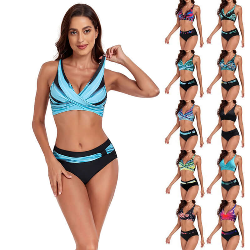 New beach split swimsuit featuring a stylish halter design, available in vibrant colors for summer fun.