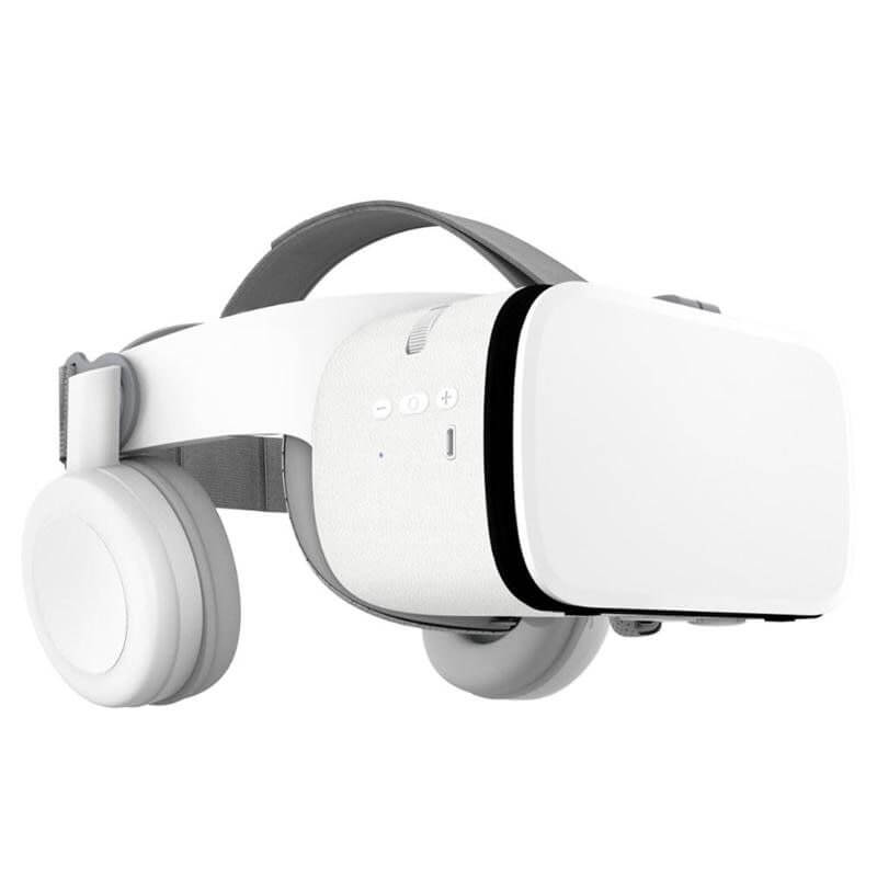 BOBO Z6 Bluetooth VR headset with white design, integrated headphones, and 3D viewing for immersive virtual reality experience.