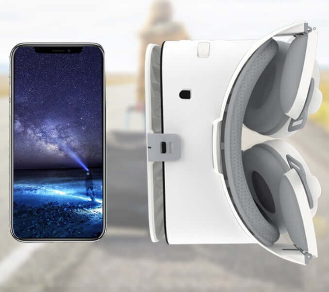 BOBO Z6 VR Bluetooth headset with smartphone, showcasing 3D virtual reality experience on a scenic road.