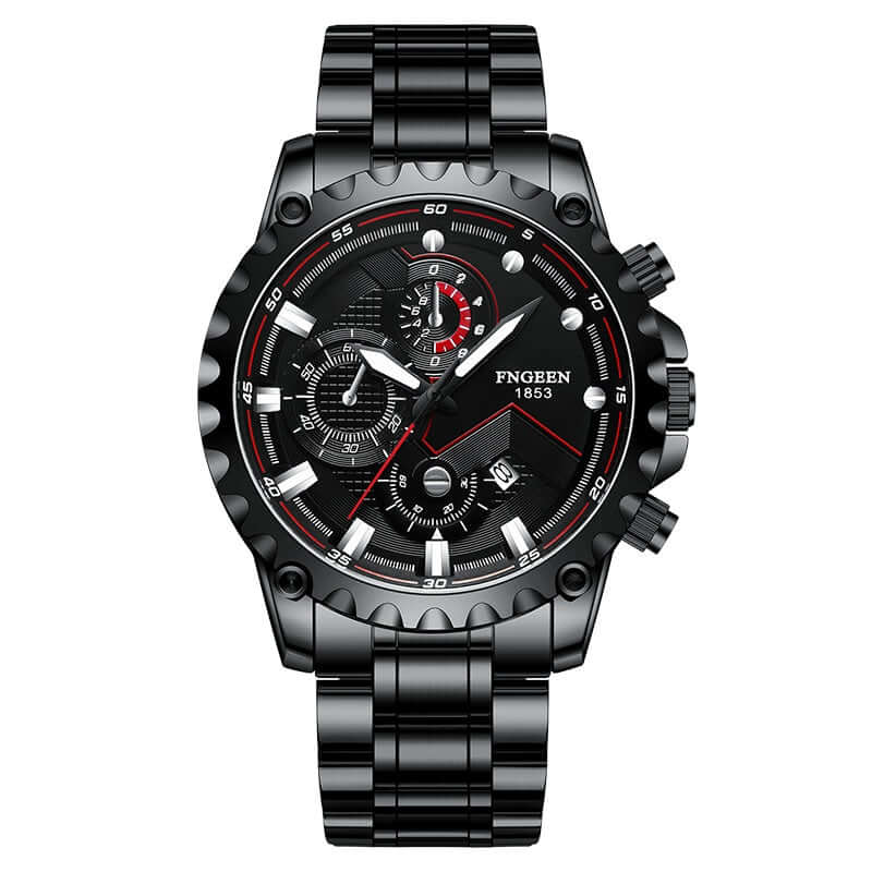 Automatic electronic black stainless steel watch with large dial and quartz movement features.