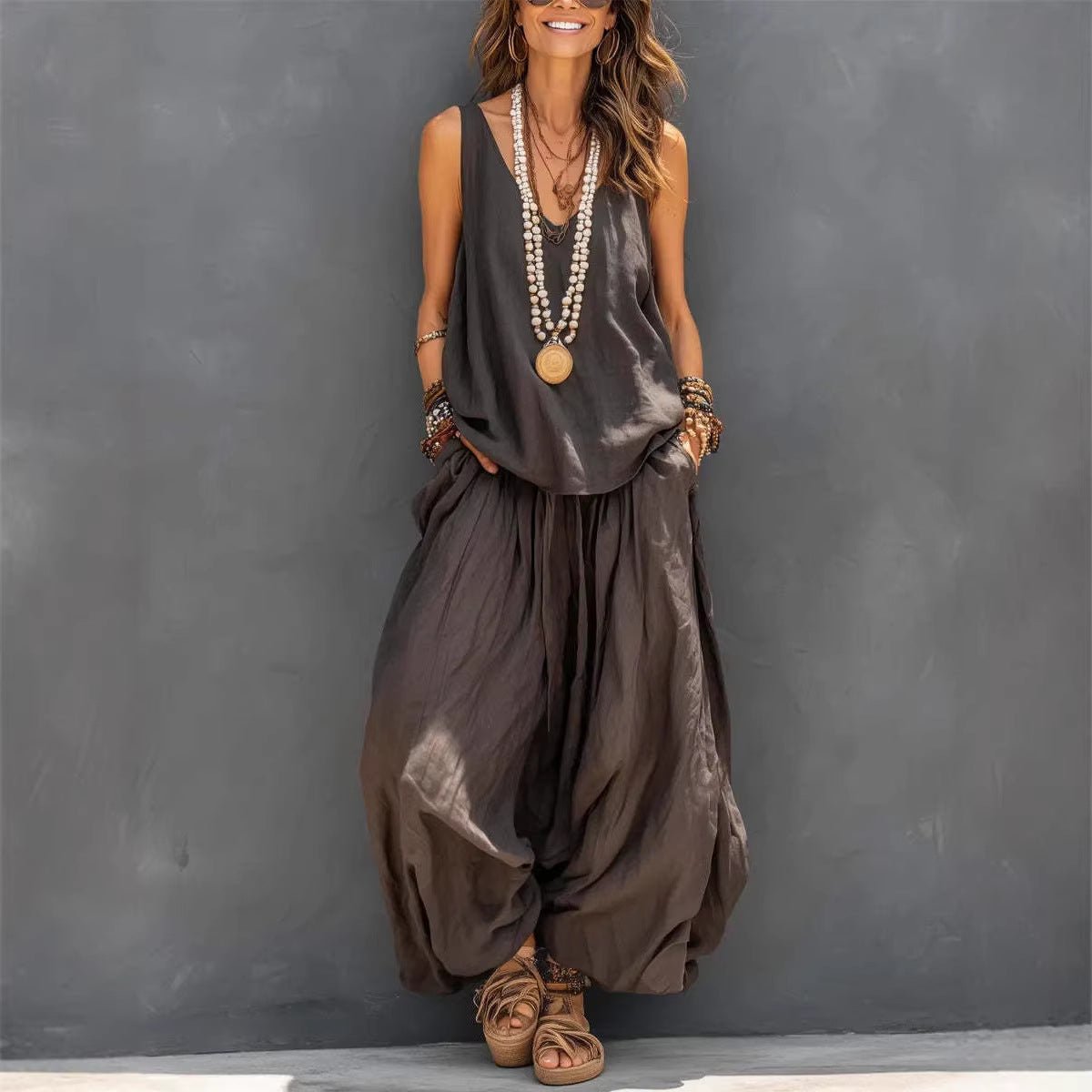 Womens Solid - Colored Casual Sleeveless Tank Top And Wide - Leg Pants Cotton - Linen Set For Daily Wear Holiday Outfit - DBMP (Electronics And More Store)