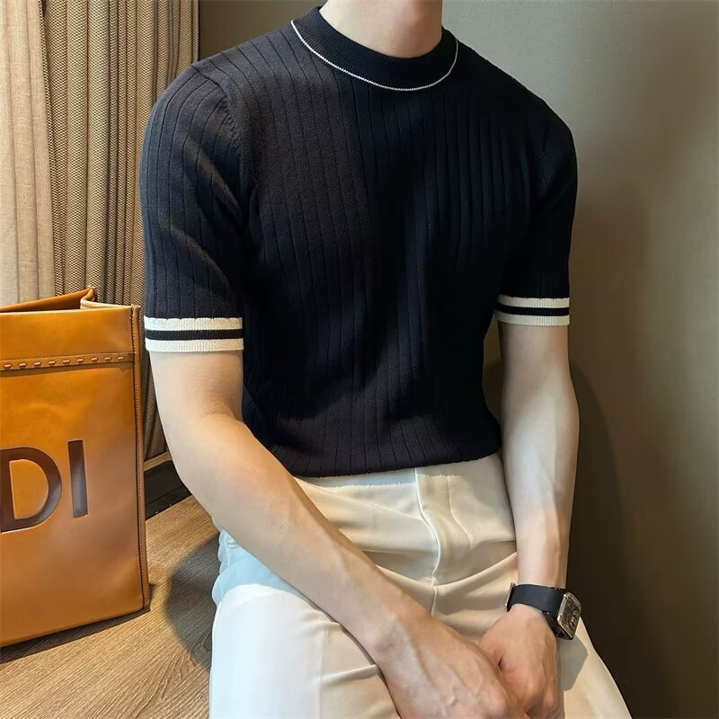 Men's Short-Sleeve Ice Silk Knit Shirt Crew-Neck Slim-Fit Sweater - DBMP Shop