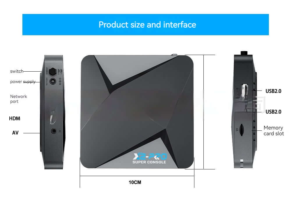 Home Video Three System Integrated Game Set-top Box showcasing product size and interface with USB ports and HDMI.