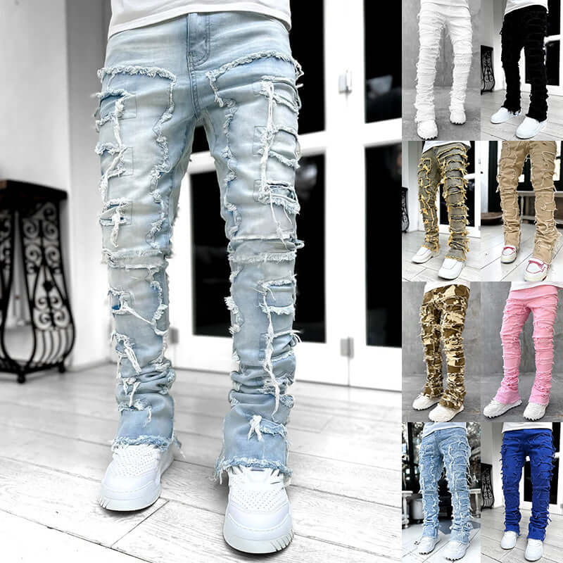Men's stacked ripped jeans in various colors, featuring a trendy ripped design and slim fit for a stylish look.