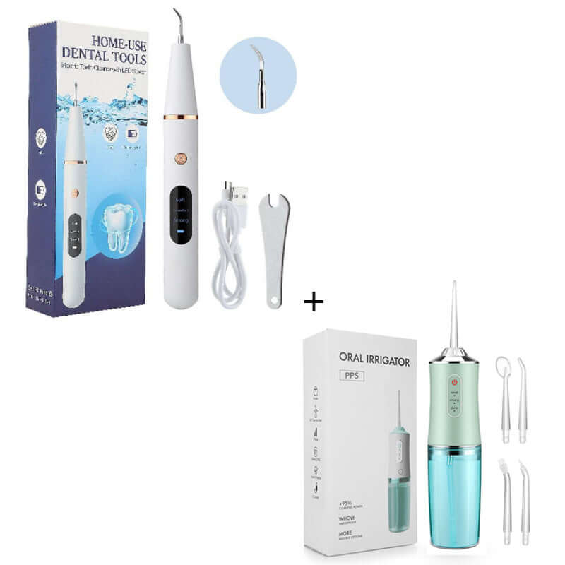 Household 3-speed electric dental irrigator with accessories and packaging in white and green colors.