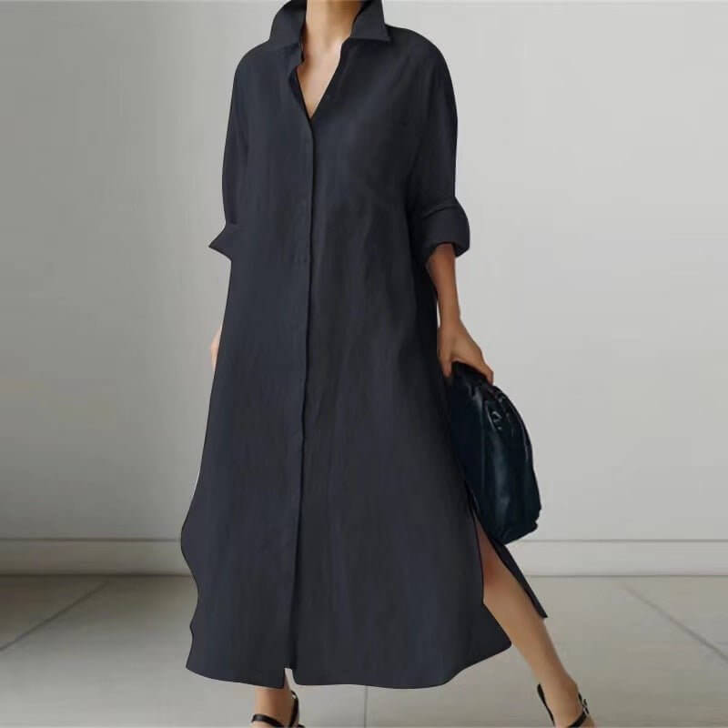 Women's Slit Shirt Dress Solid Color Long - sleeved Cardigan Irregular Long Dress - DBMP (Electronics And More Store)