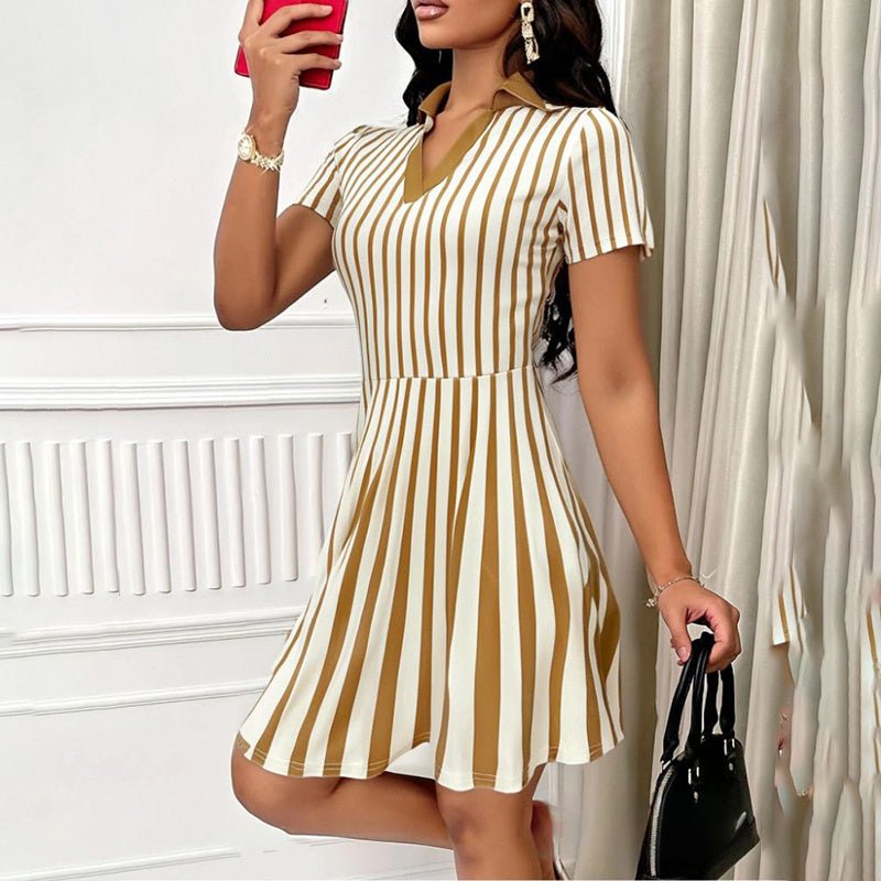 Women's Polo Dress Elegant Striped V Neck Short Sleeve A Line Dresses - DBMP Shop