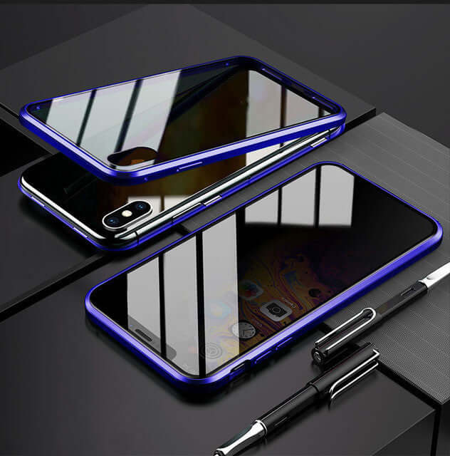 Stylish anti-peep magnetic phone case in blue, featuring tempered glass and a metal frame for iPhone models.
